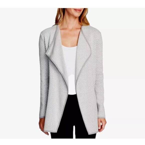 Vince‎ Camuto Large Light Gray Herringbone Cardigan Sweater Open Front Career - Picture 1 of 8